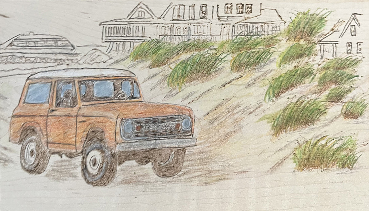 Bronco Breeze captures a vintage Ford Bronco resting on a Block Island beach
