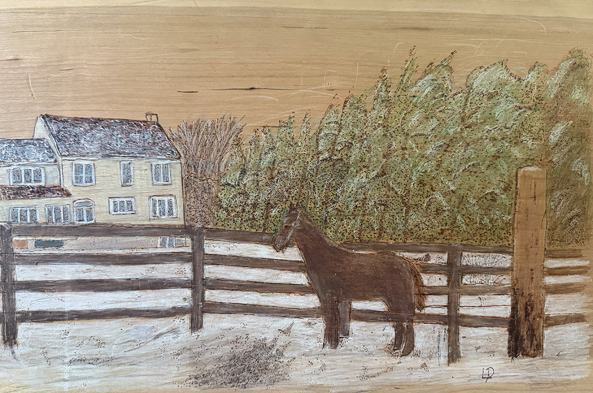 lone brown horse and a distant, pale house