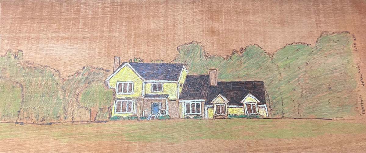 Sunlit Haven portrays a charming two-story home bathed in warmth and surrounded by lush greenery